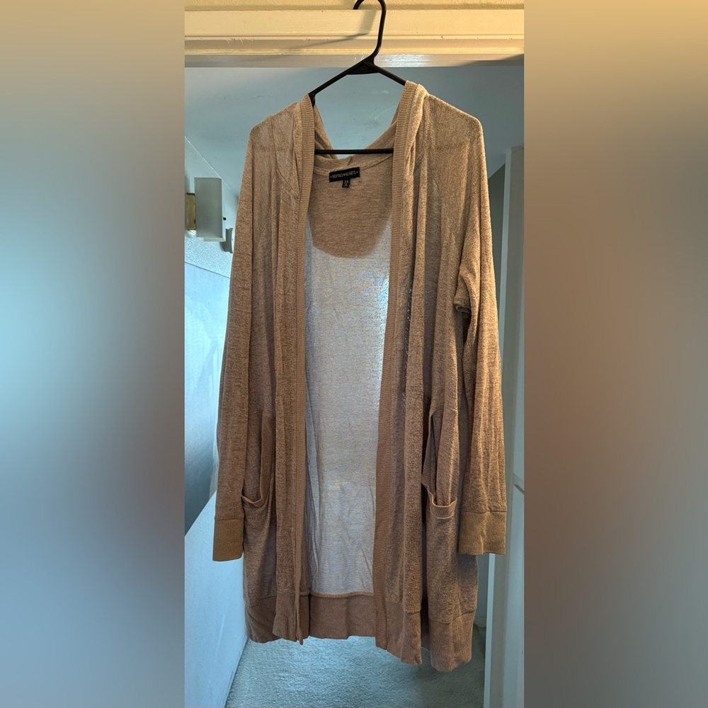 Junior’s Inspired Hearts long lounge hooded open front cardigan in oatmeal/blush